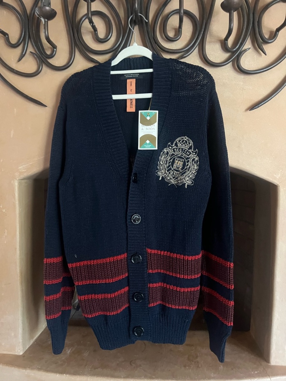 Scotch & Soda Nautica Navy Cardigan Sweater with Red Stripe Detail